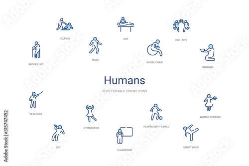 humans concept 14 colorful outline icons. 2 color blue stroke icons