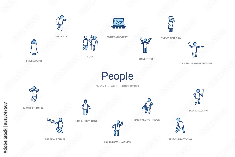 Fototapeta premium people concept 14 colorful outline icons. 2 color blue stroke icons