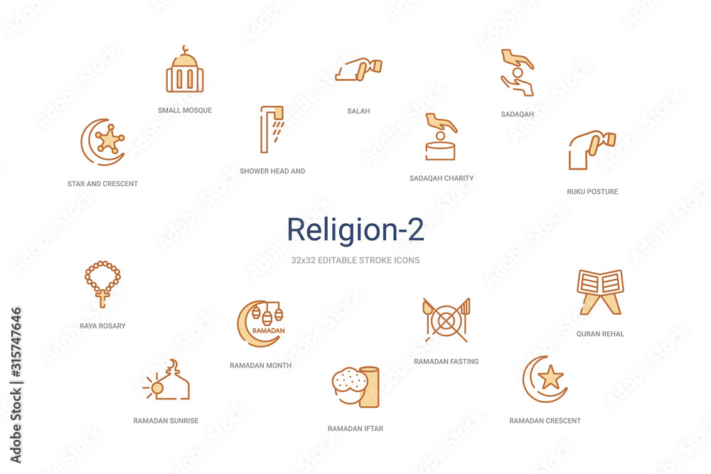 religion-2 concept 14 colorful outline icons. 2 color blue stroke icons