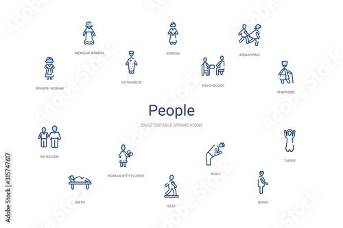 people concept 14 colorful outline icons. 2 color blue stroke icons