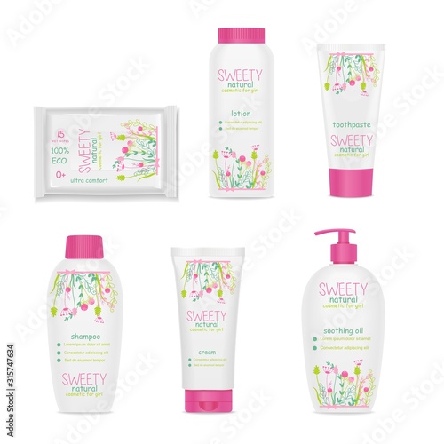 Children cosmetic. White packages, beautiful floral ornament. Vector