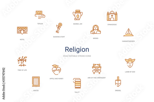 religion concept 14 colorful outline icons. 2 color blue stroke icons