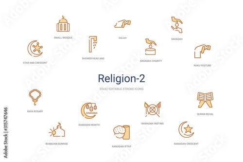 religion-2 concept 14 colorful outline icons. 2 color blue stroke icons