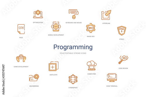 programming concept 14 colorful outline icons. 2 color blue stroke icons
