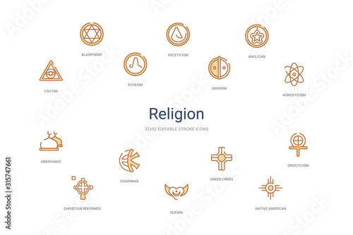 religion concept 14 colorful outline icons. 2 color blue stroke icons