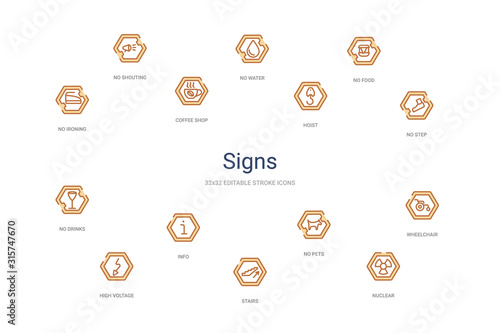 signs concept 14 colorful outline icons. 2 color blue stroke icons