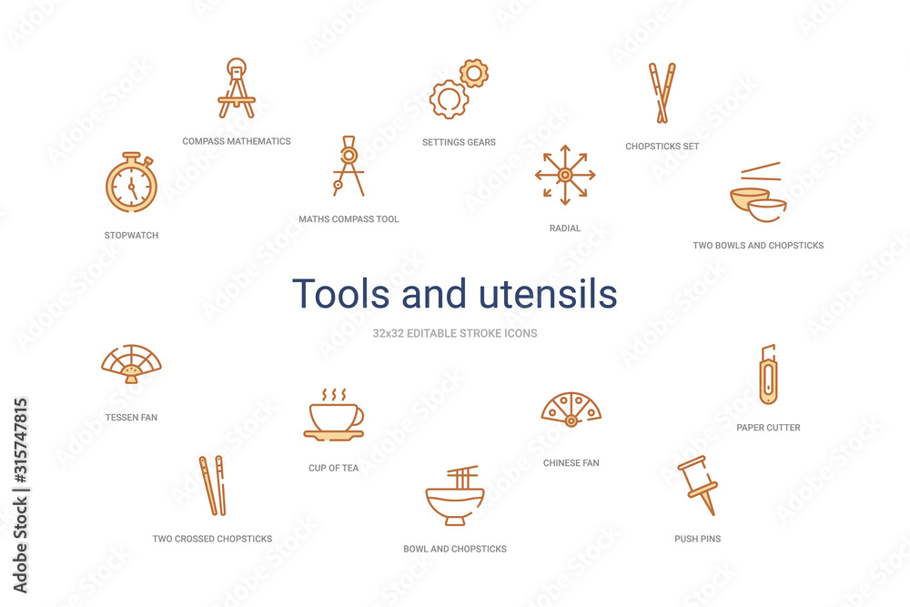 tools and utensils concept 14 colorful outline icons. 2 color blue stroke icons