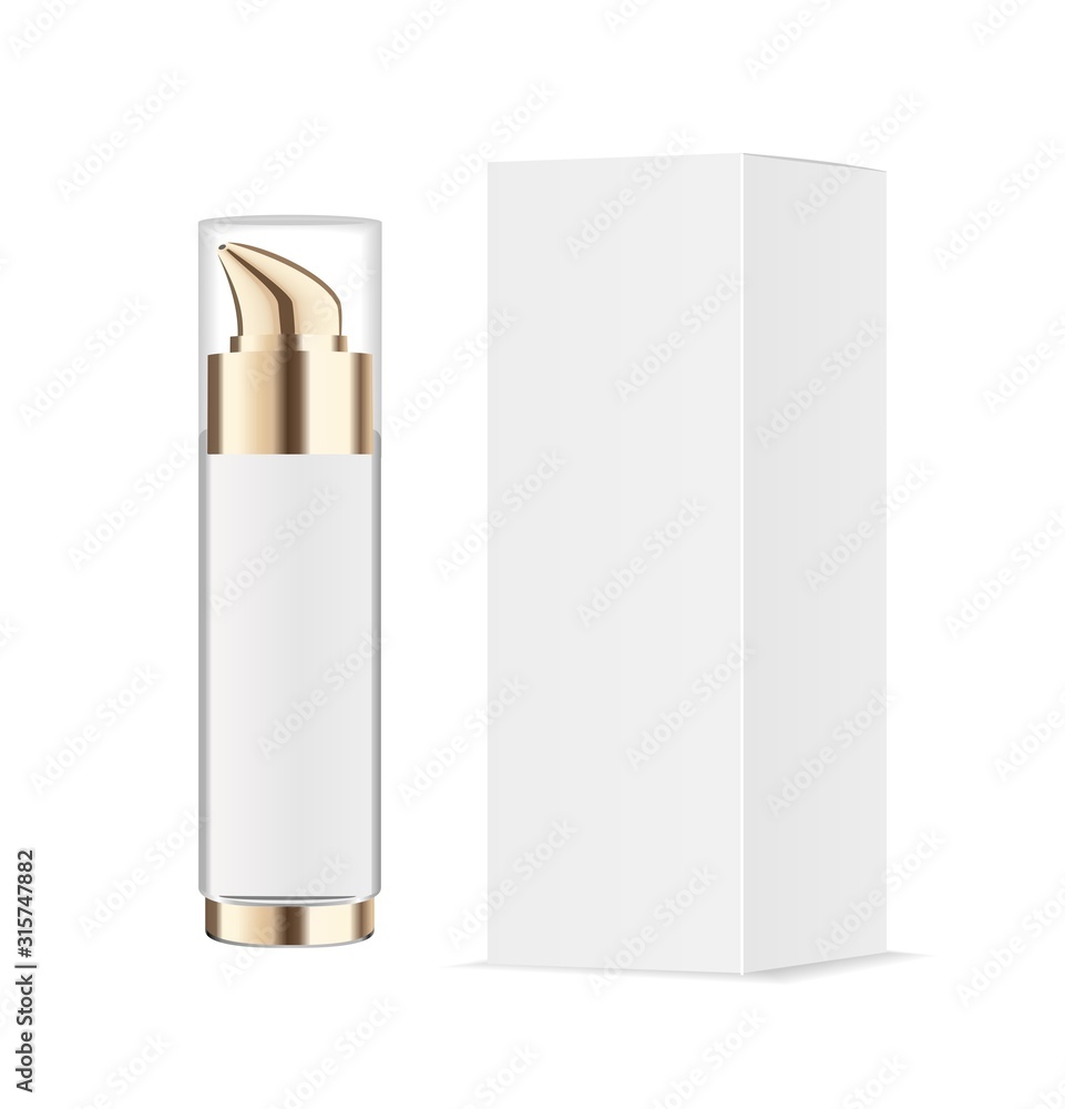 Acrylic or glass transparent cosmetic bottle and paper package. Acrylic or glass transparent cosmetic bottle and paper package.