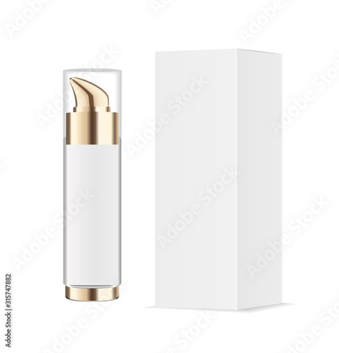 Acrylic or glass transparent cosmetic bottle and paper package.