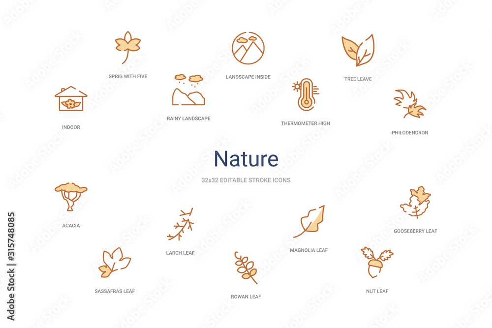 nature concept 14 colorful outline icons. 2 color blue stroke icons