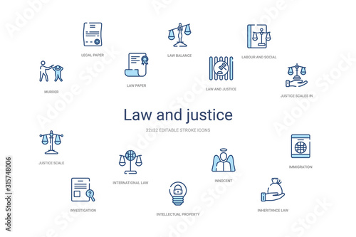 law and justice concept 14 colorful outline icons. 2 color blue stroke icons