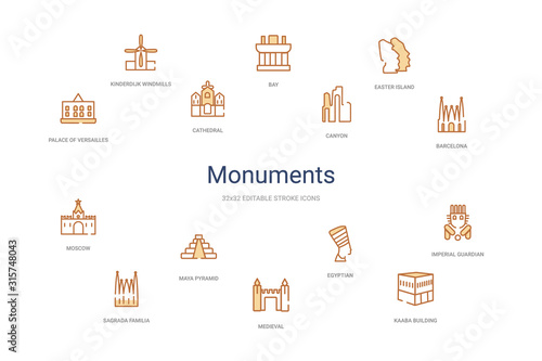 monuments concept 14 colorful outline icons. 2 color blue stroke icons