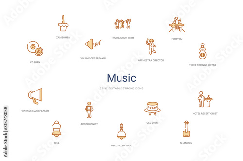 music concept 14 colorful outline icons. 2 color blue stroke icons