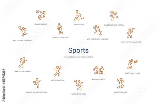 sports concept 14 colorful outline icons. 2 color blue stroke icons photo