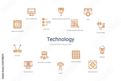 technology concept 14 colorful outline icons. 2 color blue stroke icons