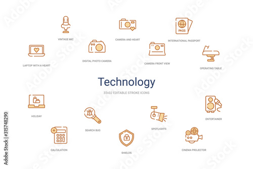 technology concept 14 colorful outline icons. 2 color blue stroke icons