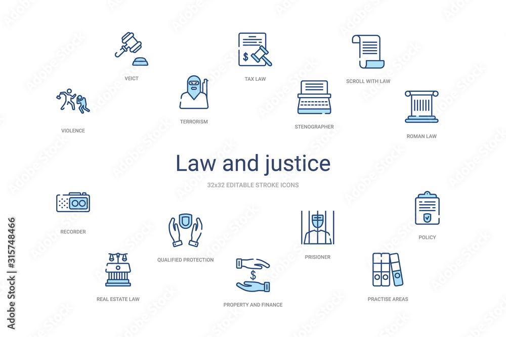 law and justice concept 14 colorful outline icons. 2 color blue stroke icons law and justice concept 14 colorful outline icons. 2 color blue stroke icons