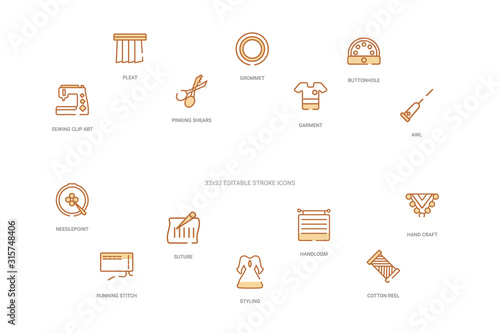 sew concept 14 colorful outline icons. 2 color blue stroke icons