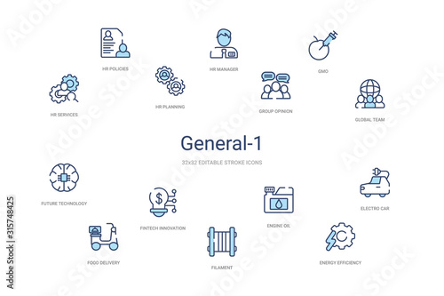 general-1 concept 14 colorful outline icons. 2 color blue stroke icons