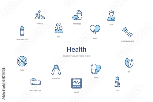 health concept 14 colorful outline icons. 2 color blue stroke icons