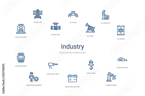 industry concept 14 colorful outline icons. 2 color blue stroke icons