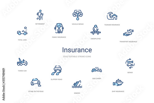 insurance concept 14 colorful outline icons. 2 color blue stroke icons
