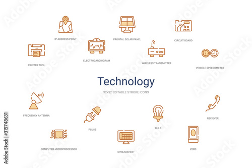 technology concept 14 colorful outline icons. 2 color blue stroke icons