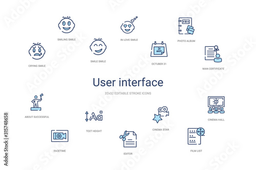 user interface concept 14 colorful outline icons. 2 color blue stroke icons