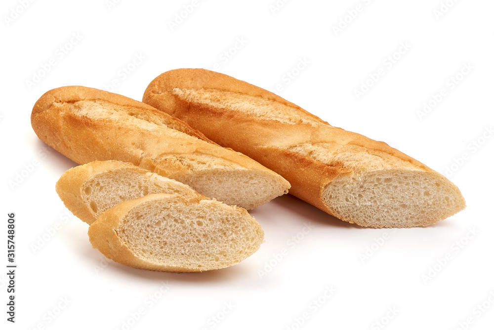 Freshly baked baguette, isolated on white background