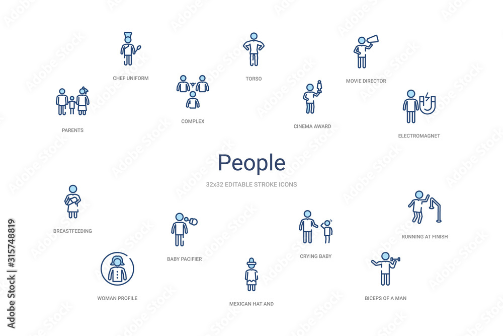 Fototapeta premium people concept 14 colorful outline icons. 2 color blue stroke icons