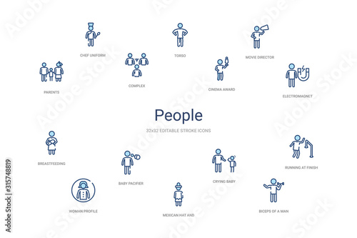 people concept 14 colorful outline icons. 2 color blue stroke icons