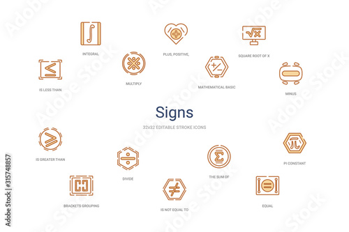signs concept 14 colorful outline icons. 2 color blue stroke icons