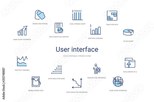 user interface concept 14 colorful outline icons. 2 color blue stroke icons