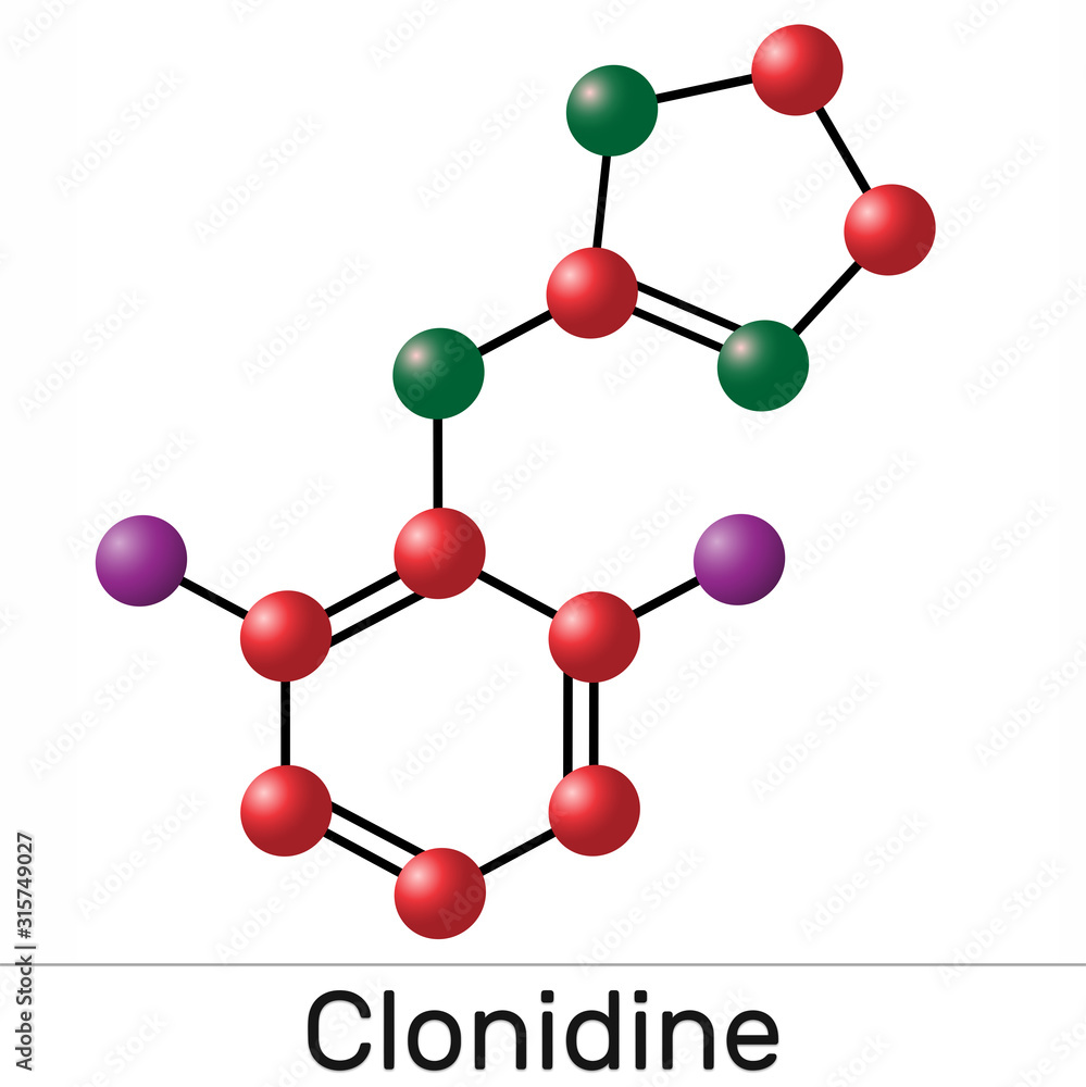 Clonidine molecule. It is useful for the treatment of hypertension, severe pain, and ADHD. Clonidine molecule. It is useful for the treatment of hypertension, severe pain, and ADHD.