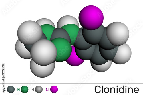 Clonidine molecule. It is useful for the treatment of hypertension, severe pain, and ADHD. Molecular model photo