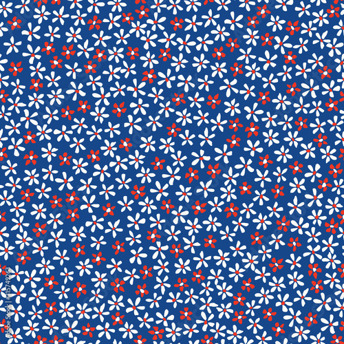 Ditsy Allover Graphic Daisies Blooms on Blue Background Vector Seamless Pattern