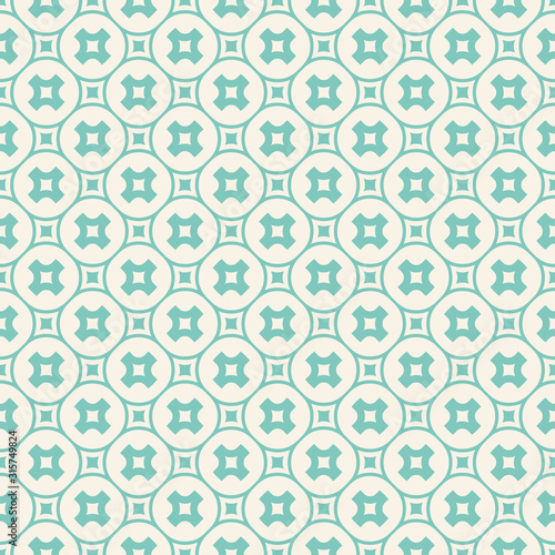 Turquoise geometric seamless pattern. Vector abstract texture with crosses in circular grid, small squares, simple shapes. Funky background in pastel colors, green aqua and beige. Repeatable design