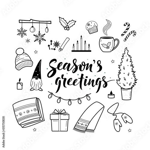 Big set of hygge lifestyle cozy elements. Season's greetings. Winter elements for greeting cards, posters, stickers and seasonal design. Isolated on white. Christmas decorations