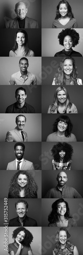 Different portraits of people in front of a background