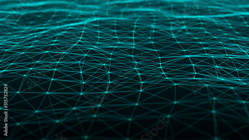 Abstract dynamic wave of particles and lines. Big data. Network or connection. Digital background. 3d rendering.