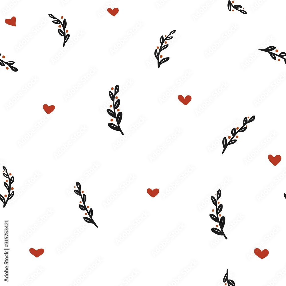 Seamless pattern with black twigs with berries and red hearts on a white background.
