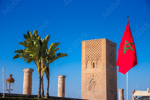 Beautiful square with Hassan tower at Mausoleum of Mohammed V in Rabat, Morocco