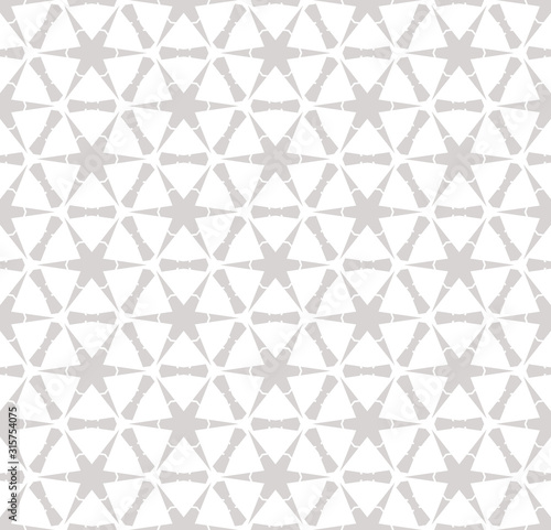 Vector geometric seamless pattern with small flower silhouettes, snowflakes, stars, lattice, grid, mesh, net. Subtle white and gray texture. Abstract repeat monochrome background. Delicate design