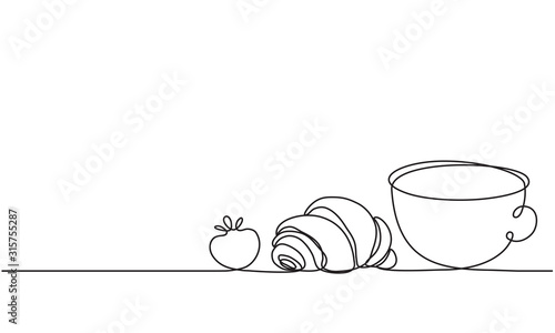 Croissant, coffee and strawberry. Cup of hot drink and pastries with berries. Continuous line drawing. Vector sketch.