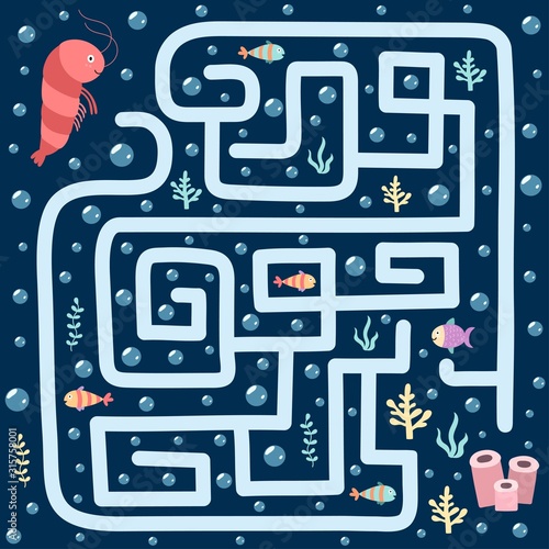 Sea maze game for kids. Help the shrimp find the way to her home