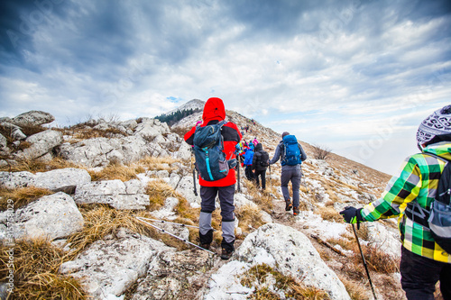 Trekking Group People Outdoor Nature Healthy Activity Mountain Hiking © mitarart