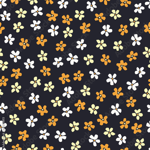 Yellow and White Ditsy Allover Hand-Drawn Daisies Blooms on Black Background Vector Seamless Pattern