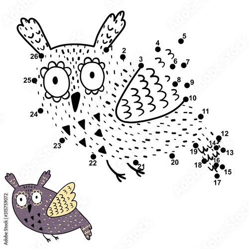 Dot to dot game for kids with cute flying owl.