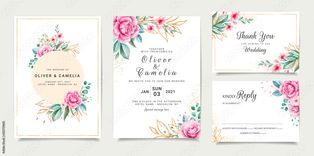 Elegant wedding invitation card template design with roses and outlined glitter leaves. Floral illustration decoration for cover, poster, and event vector