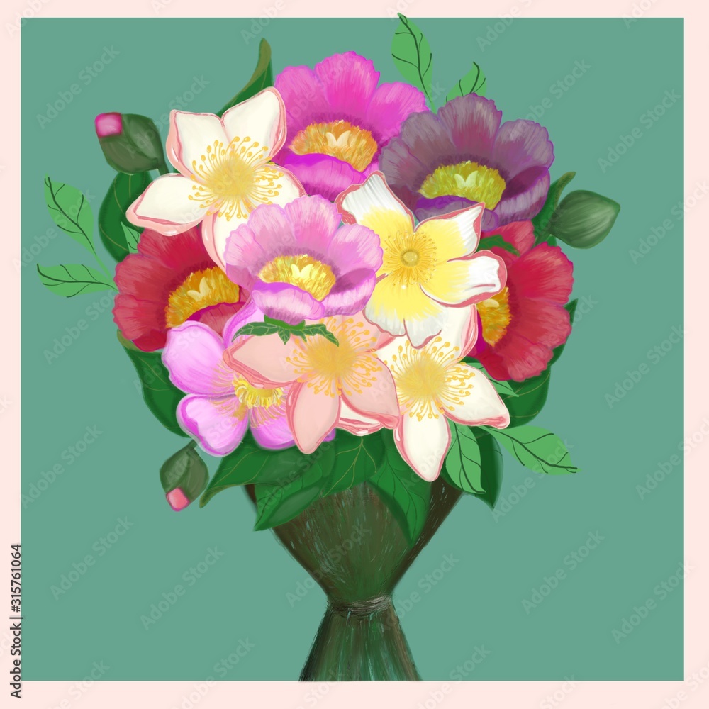 Illustration with flowers and buds, Green background.